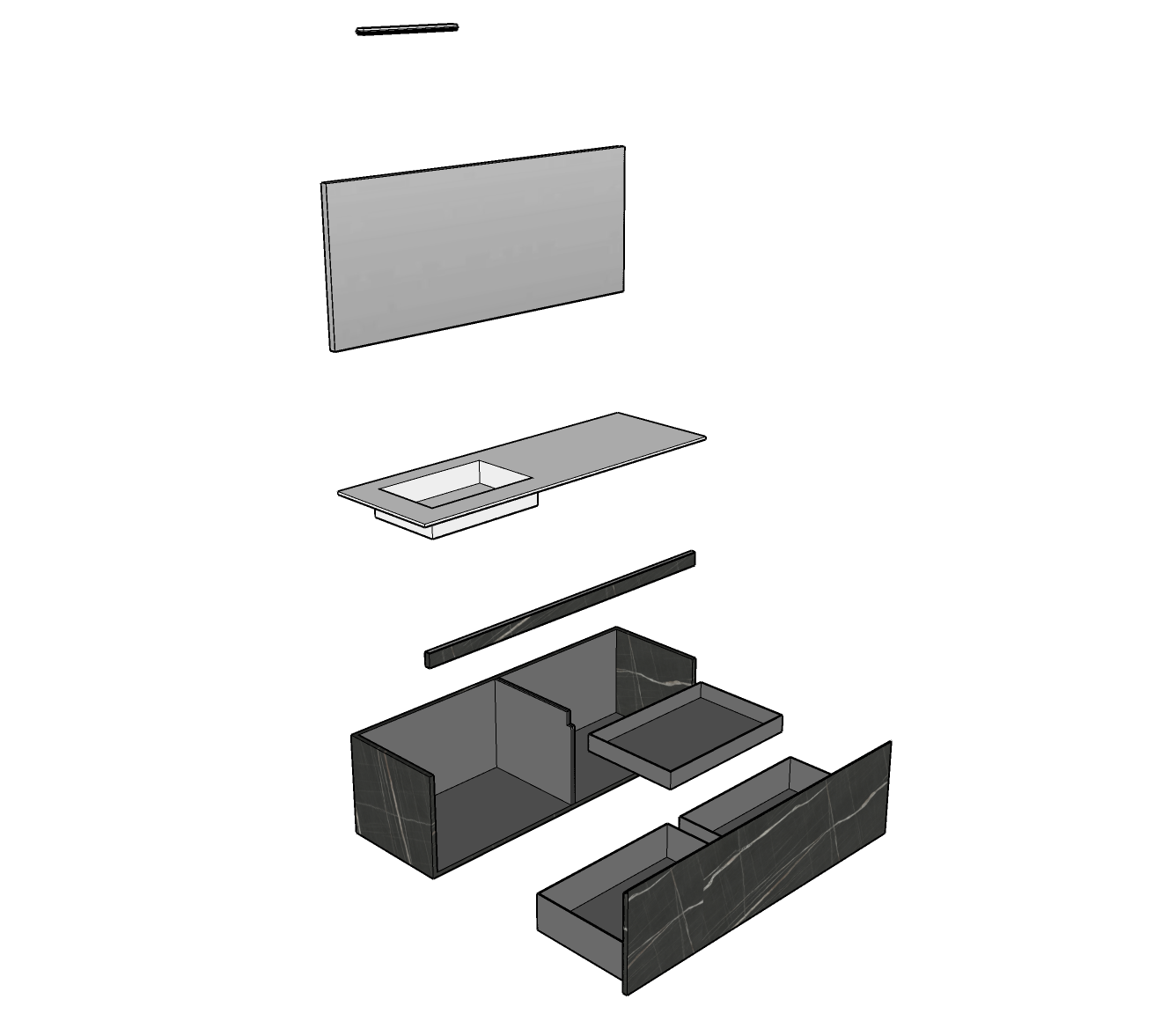 Modulnova – Composizione Sospesa serie Light dim: L. 150 cm, H. 45 cm, P. 50,5 cm, finitura Miltech, Colore Sahara Noir Raw – 1232_22_MIL_150_D87