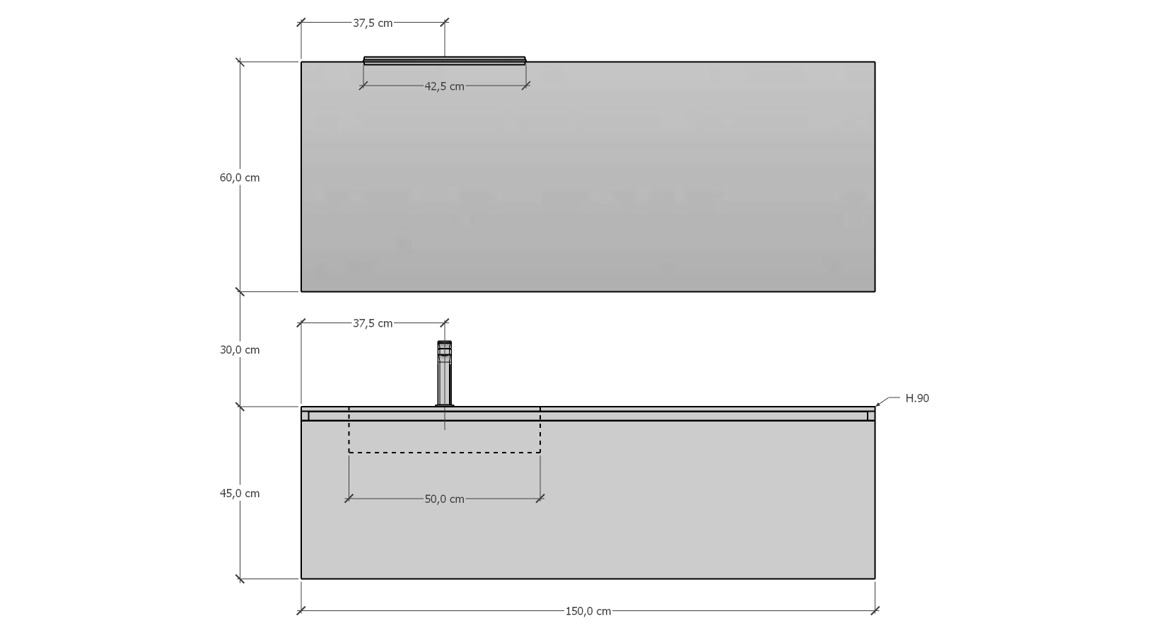 Modulnova – Composizione Sospesa serie Light dim: L. 150 cm, H. 45 cm, P. 50,5 cm, finitura Laccato Opaco, Colore Fokos Roccia – 1238_22_LAO_150_SFO